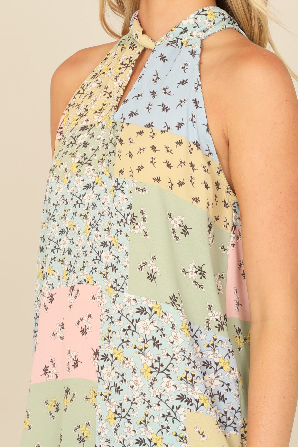 Multi Keyhole Halter Neck With Tie Color Block Floral Top