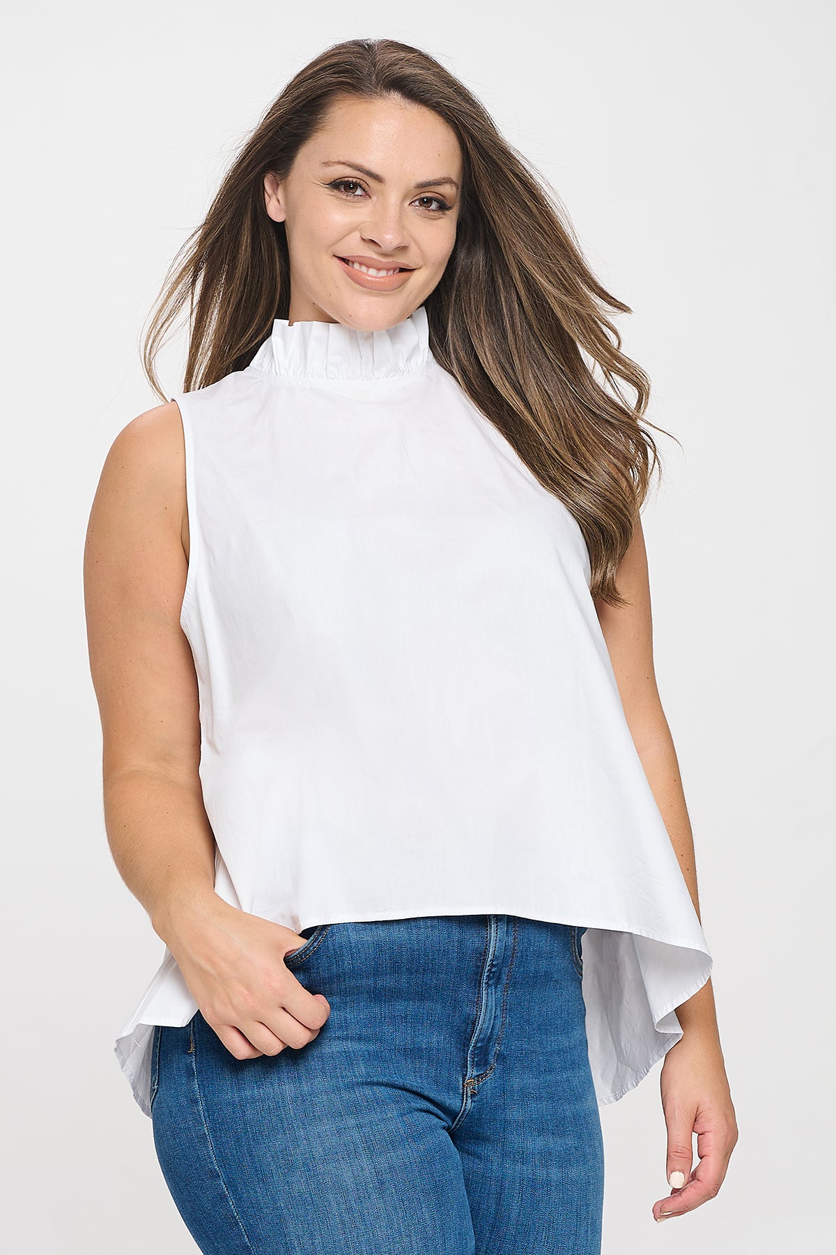 Plus Size Sleeveless Ruffle Neck Solid Top