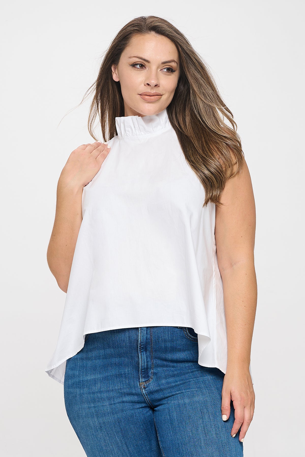 Plus Size Sleeveless Ruffle Neck Solid Top