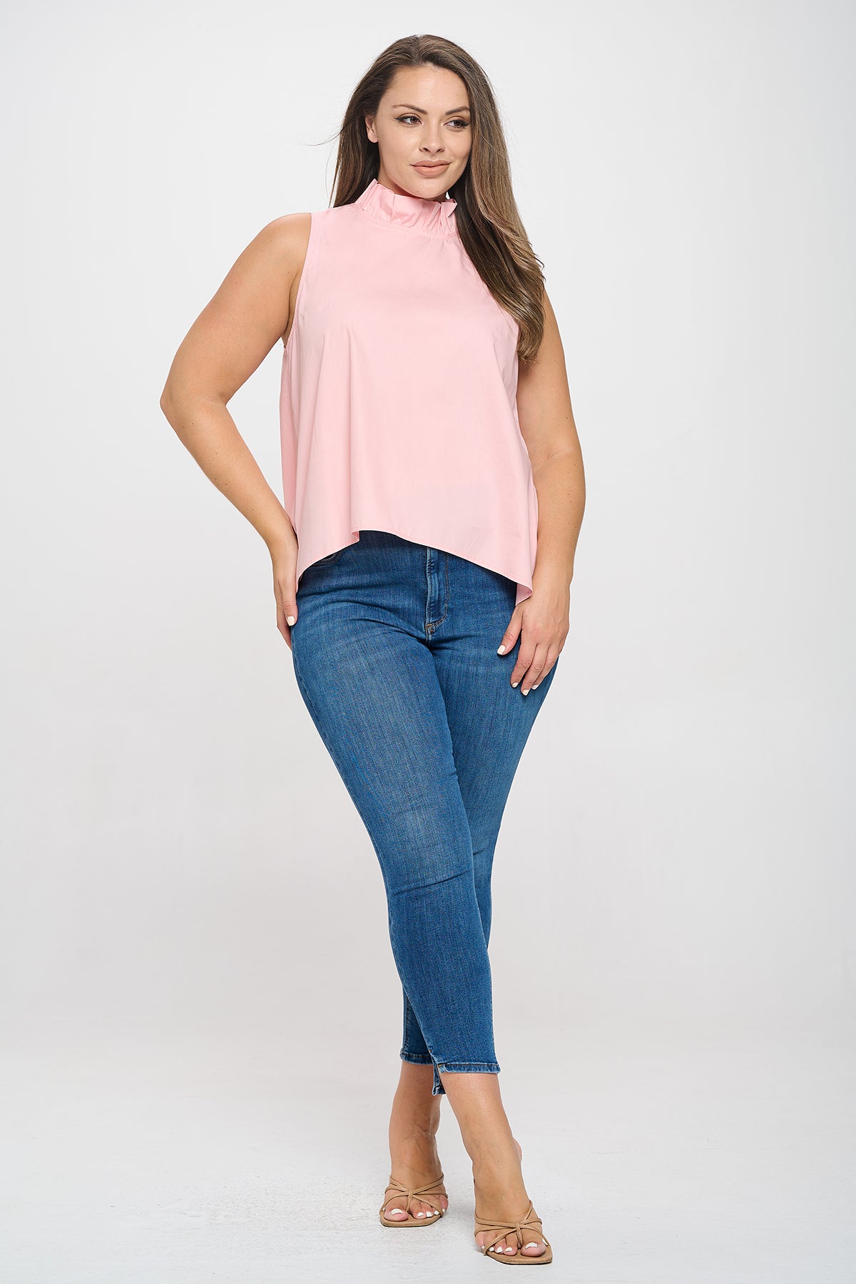 Plus Size Sleeveless Ruffle Neck Solid Top