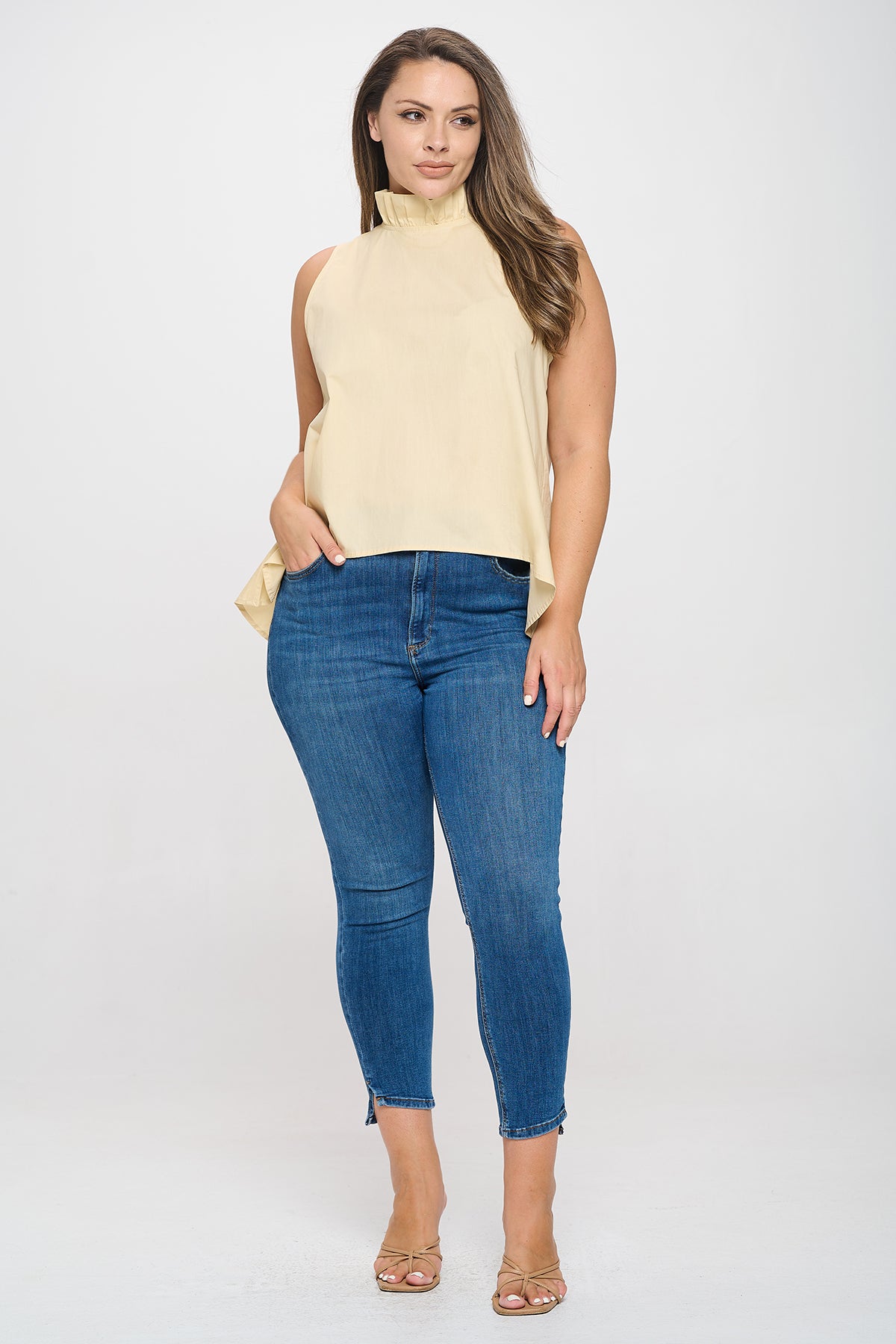 Plus Size Sleeveless Ruffle Neck Solid Top
