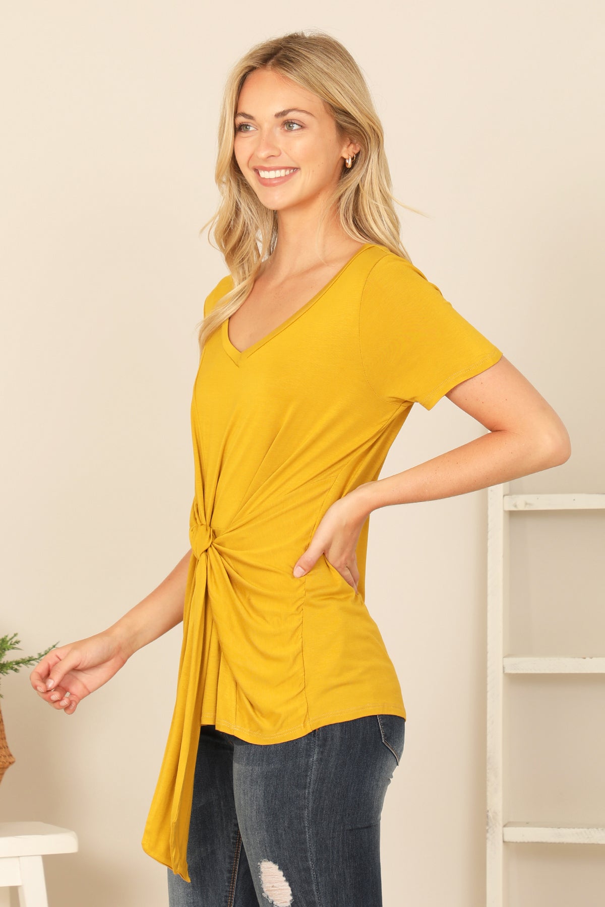 Short Sleeve V-Neck Twist Front Solid Top