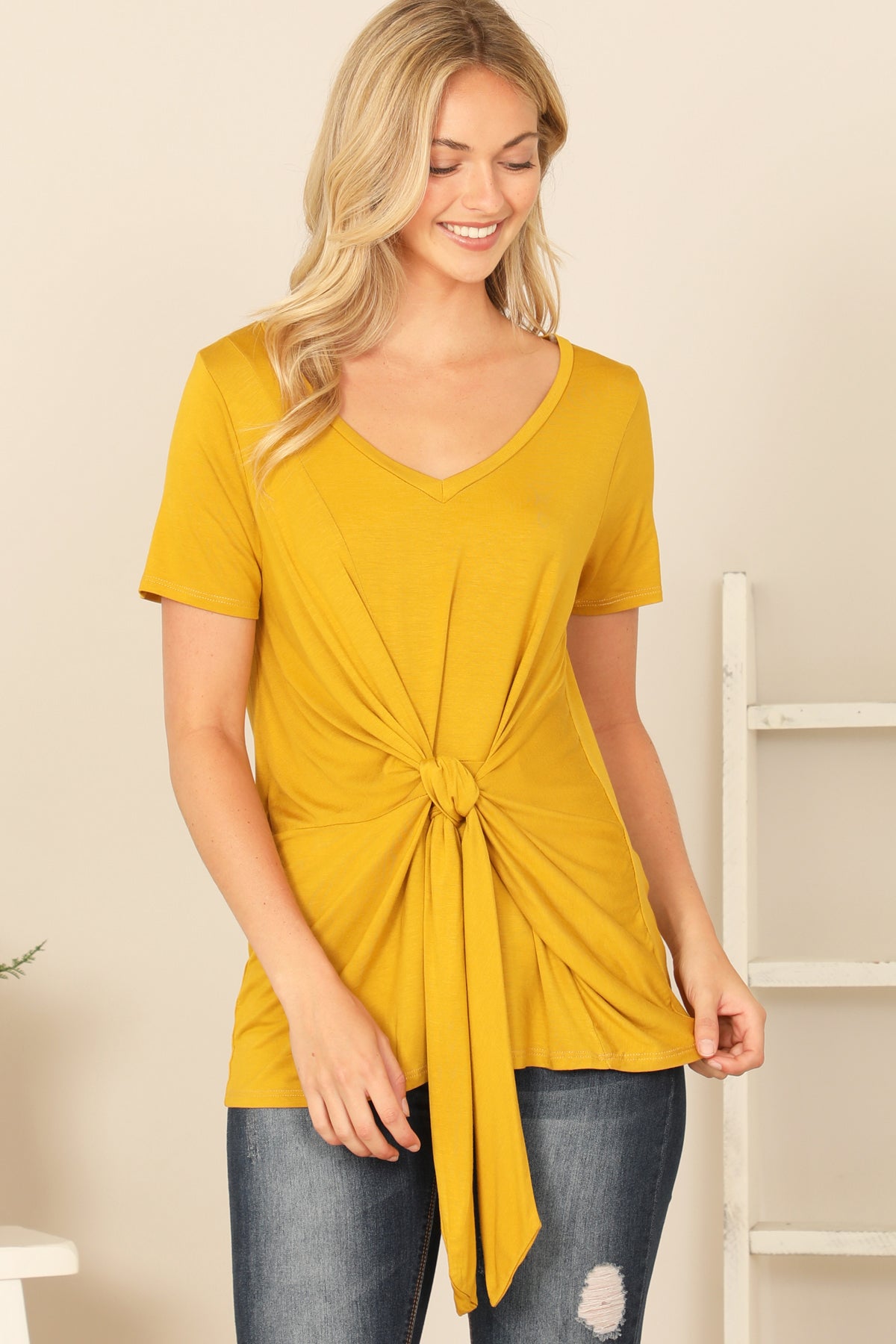 Short Sleeve V-Neck Twist Front Solid Top