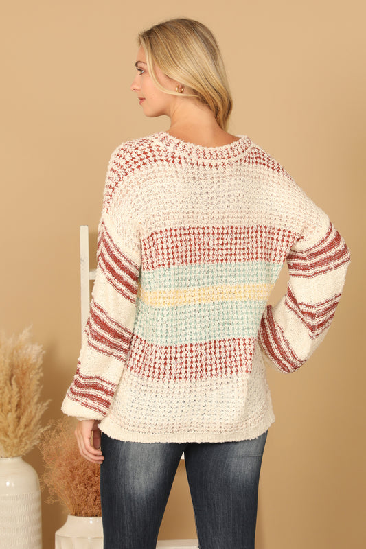 Plus Size Multicolor Striped V-Neck Textured Knit Sweater