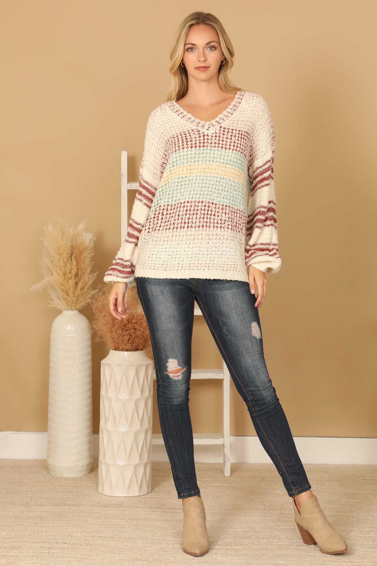 Plus Size Multicolor Striped V-Neck Textured Knit Sweater