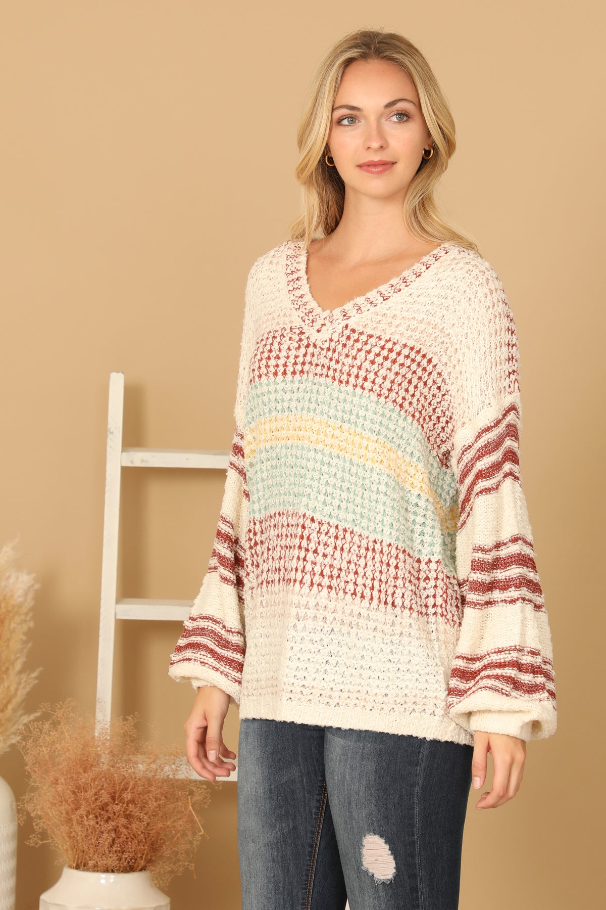 Plus Size Multicolor Striped V-Neck Textured Knit Sweater