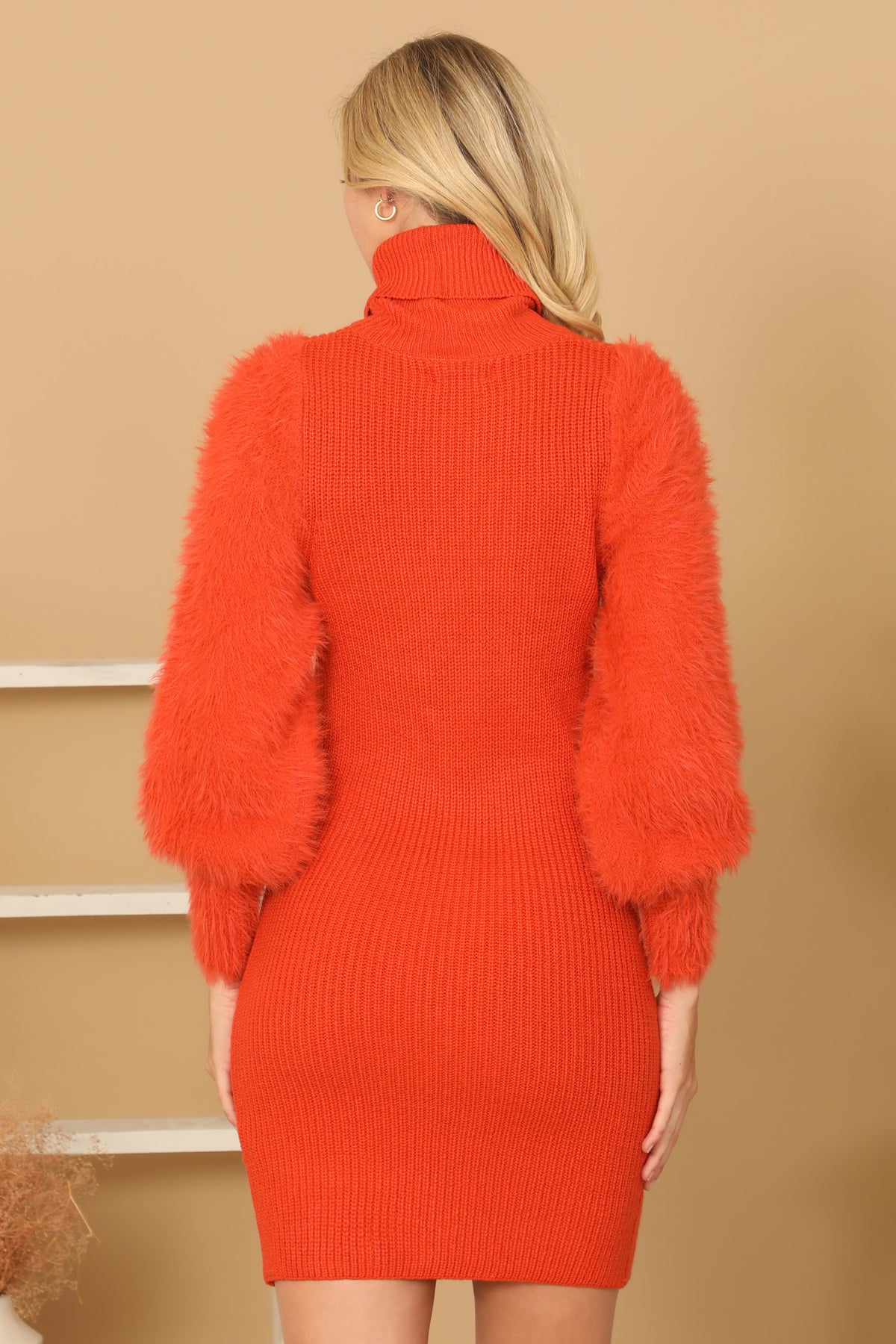 Turtle Neck Faux Fur Long Sleeve Bodycon Dress