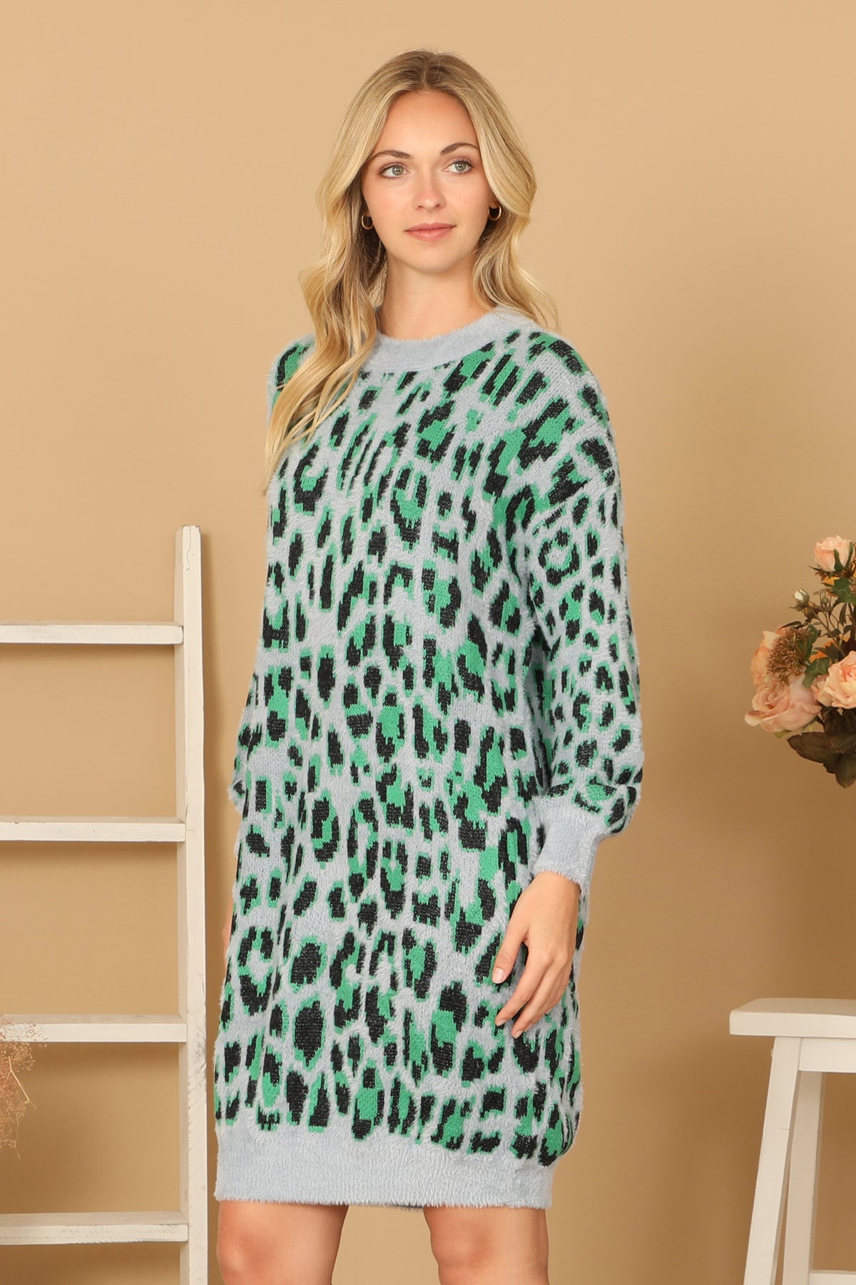 Long Sleeve Leopard Knitted Dress