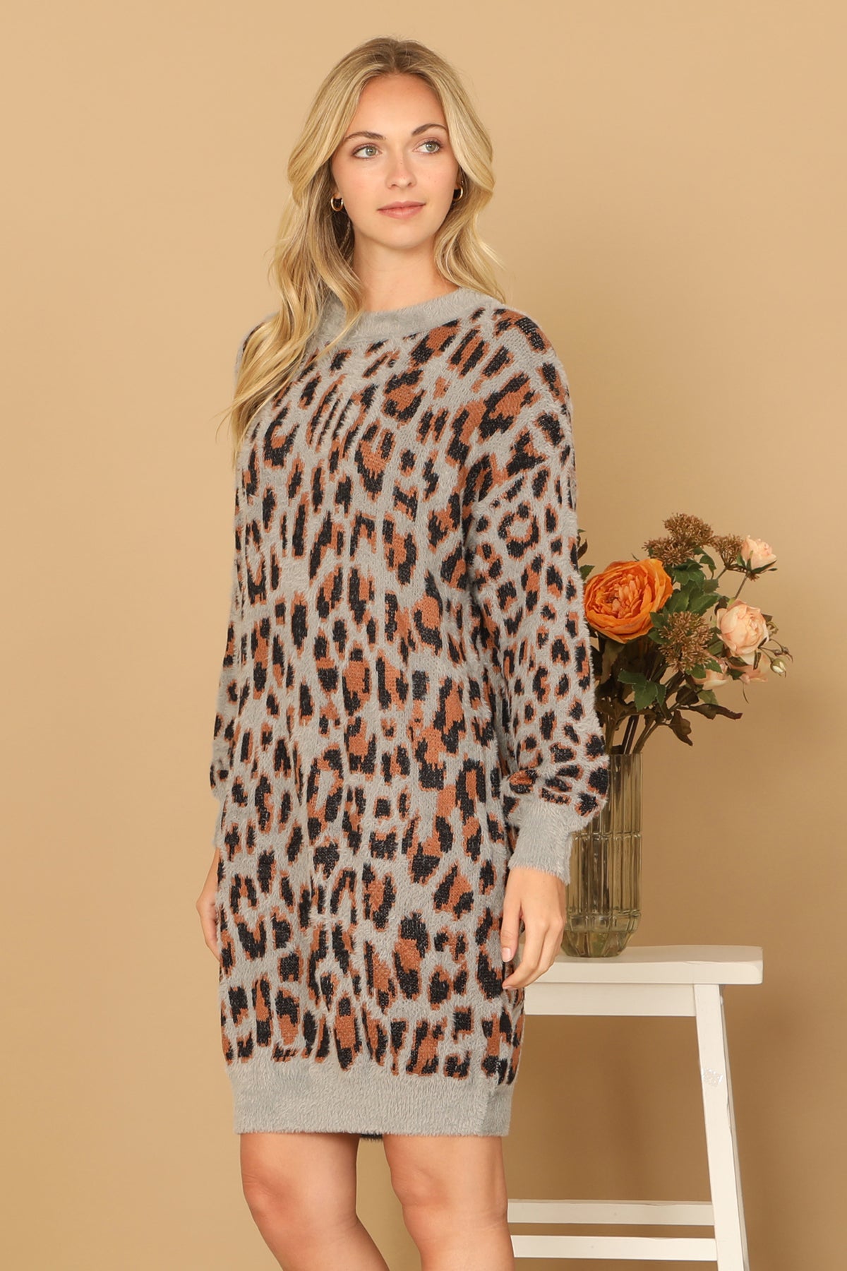 Long Sleeve Leopard Knitted Dress