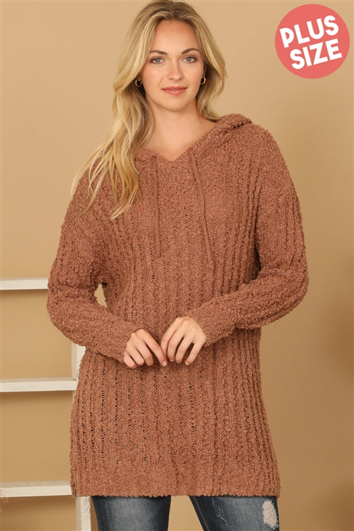 Plus Size Textured Hooded Knit Tunic Sweater