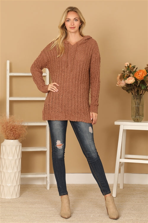 Plus Size Textured Hooded Knit Tunic Sweater