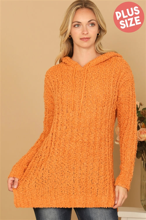 Plus Size Textured Hooded Knit Tunic Sweater