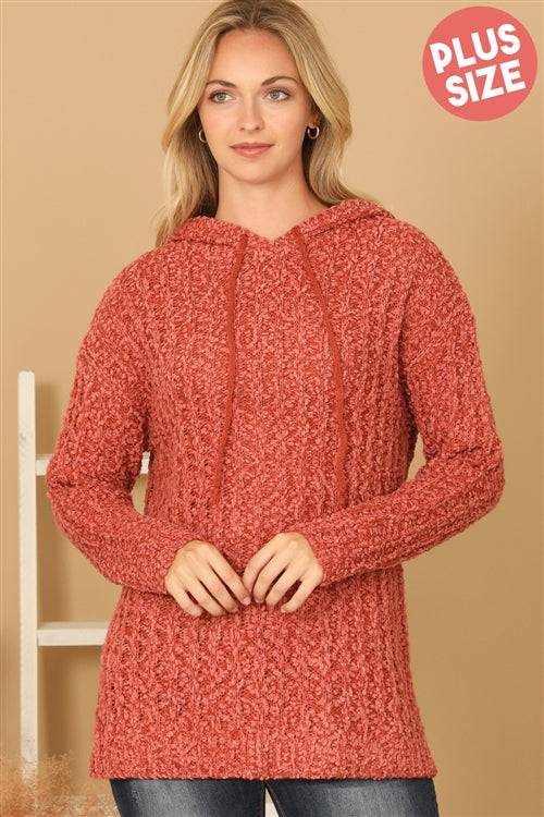 Plus Size Textured Hooded Knit Tunic Sweater