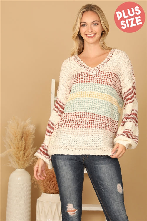 Plus Size Multicolor Striped V-Neck Textured Knit Sweater