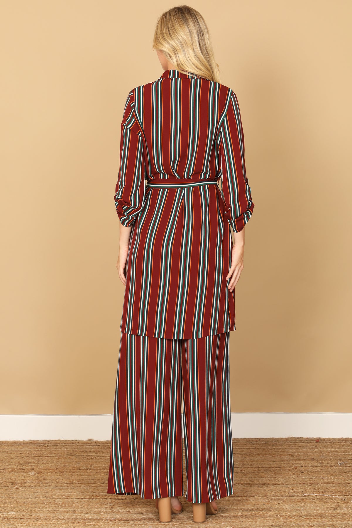 Striped Belted Duster Cardigan with Wide Leg Pants Set