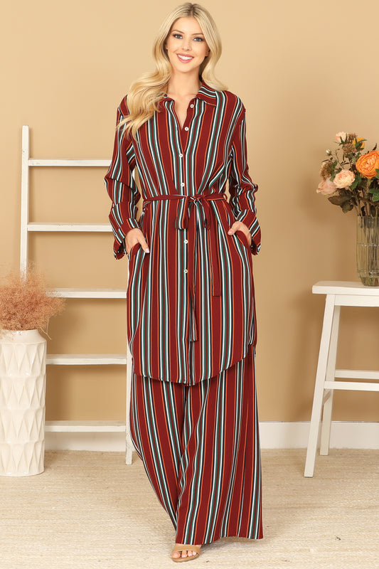 Striped Button-Front Belted Duster & Wide Leg Pants Set