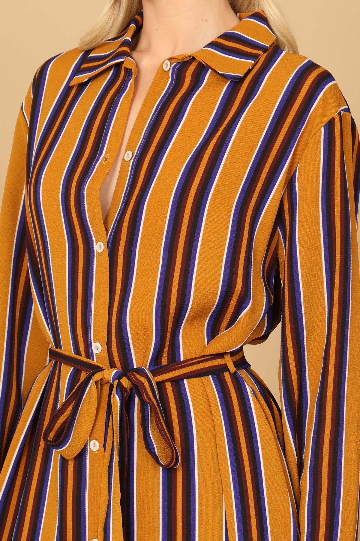 Striped Button-Front Belted Duster & Wide Leg Pants Set