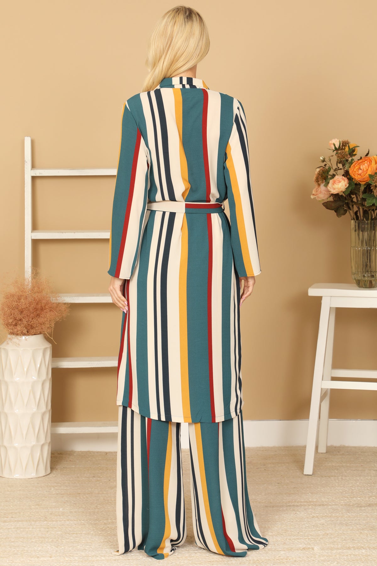 Multicolor Striped Belted Duster & Wide Leg Pants Set