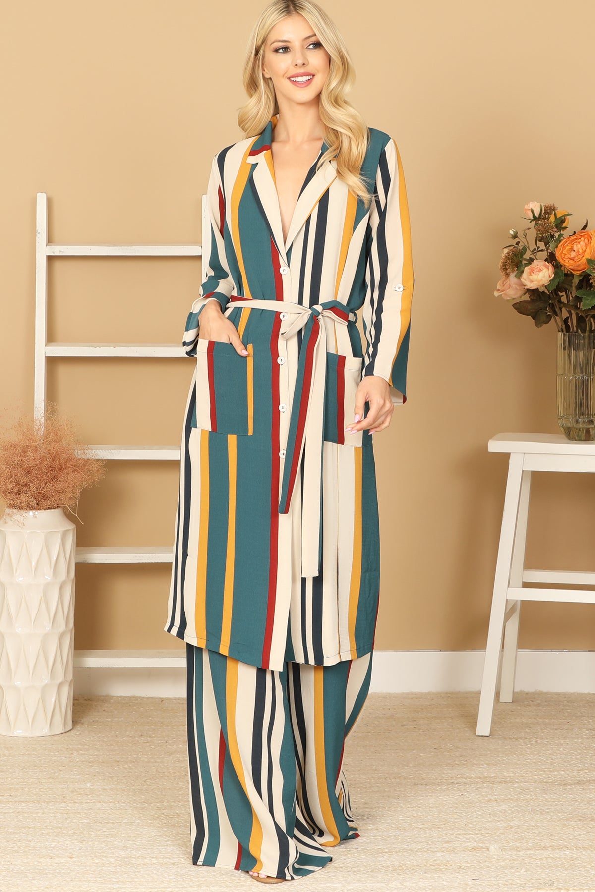 Multicolor Striped Belted Duster & Wide Leg Pants Set