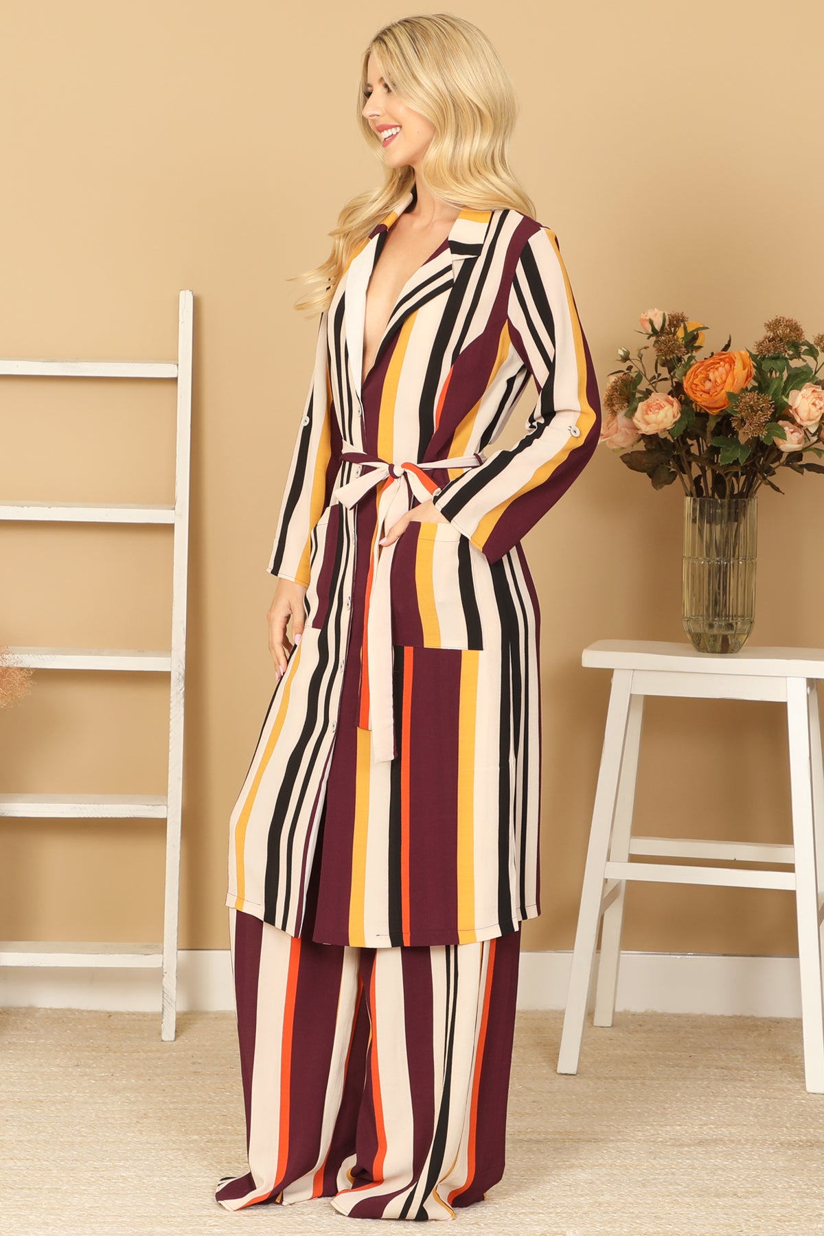 Multicolor Striped Belted Duster & Wide Leg Pants Set