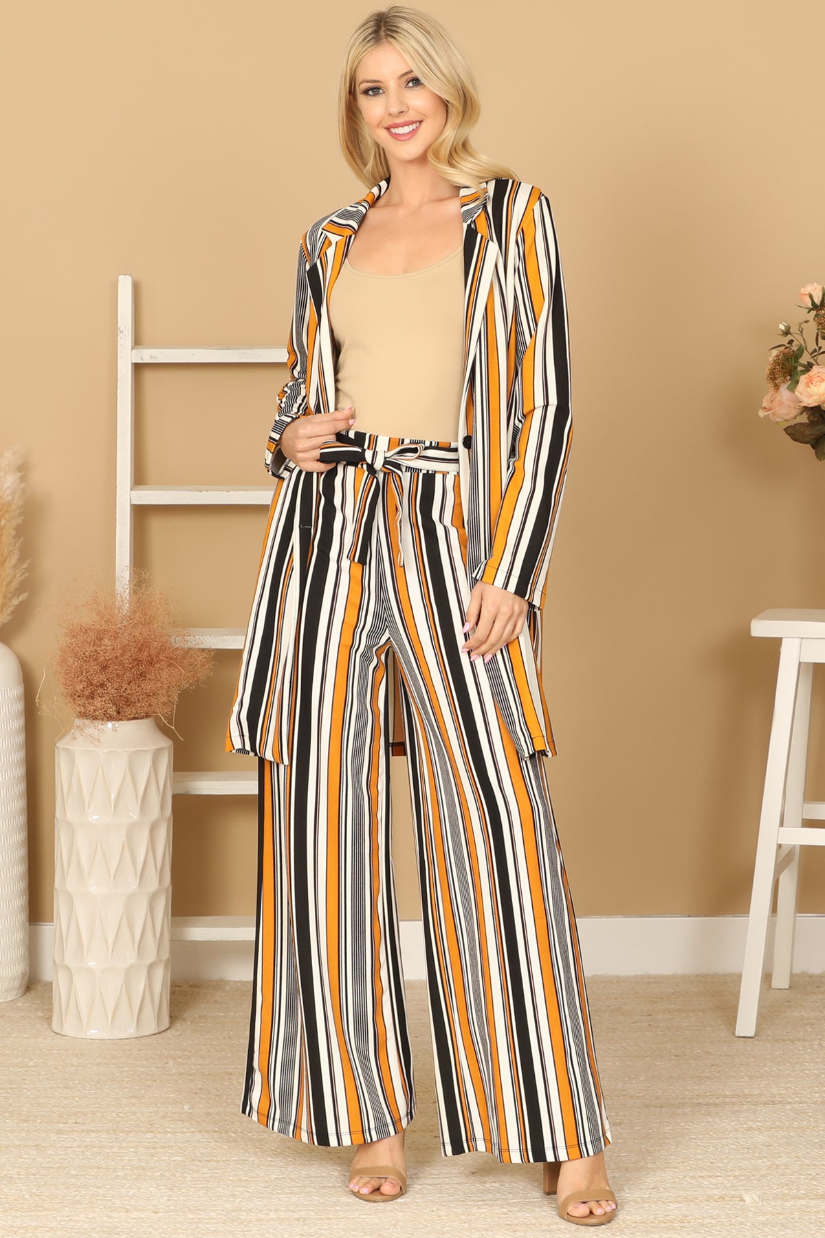 Striped Longline Blazer & Wide Leg Pants Set
