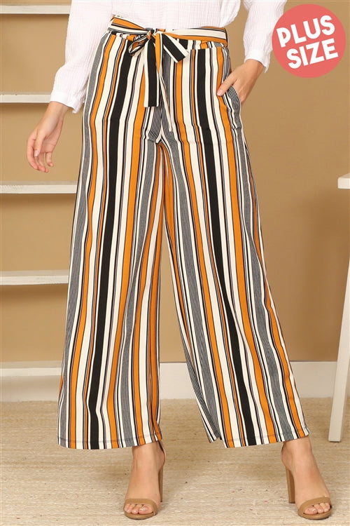 Plus Size High Waist Tie Waist Vertical Stripe Wide Leg Pants