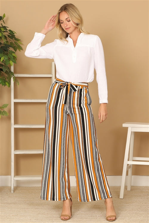 Plus Size High Waist Tie Waist Vertical Stripe Wide Leg Pants