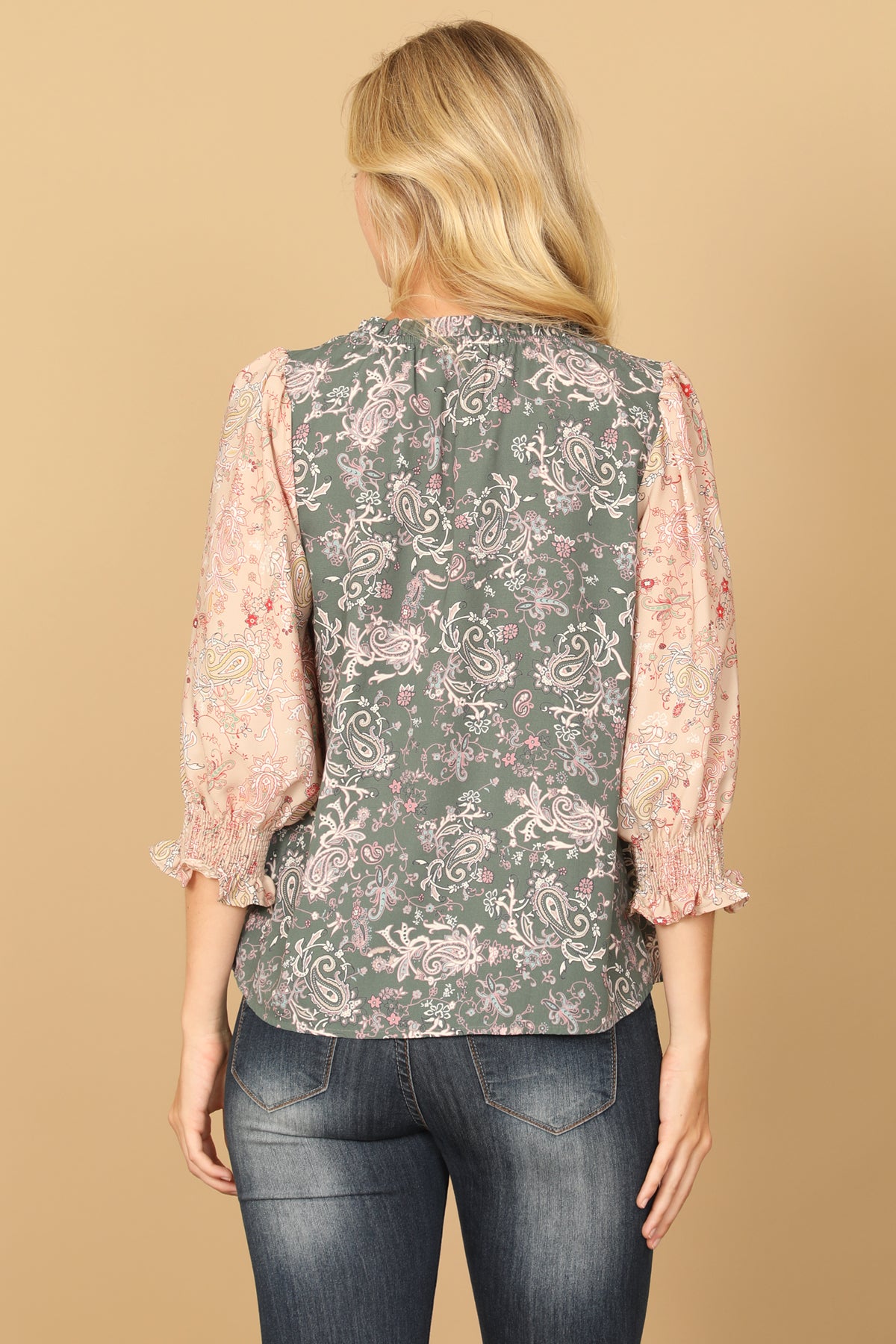 Paisley Smocked Quarter Sleeve Contrast Top