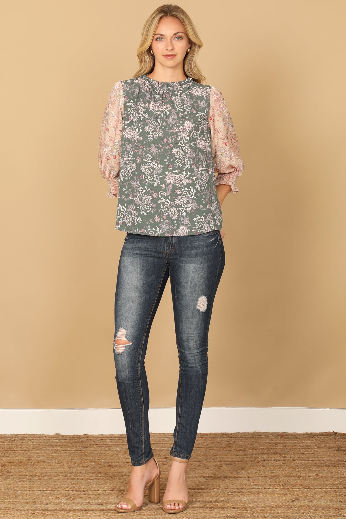 Paisley Smocked Quarter Sleeve Contrast Top