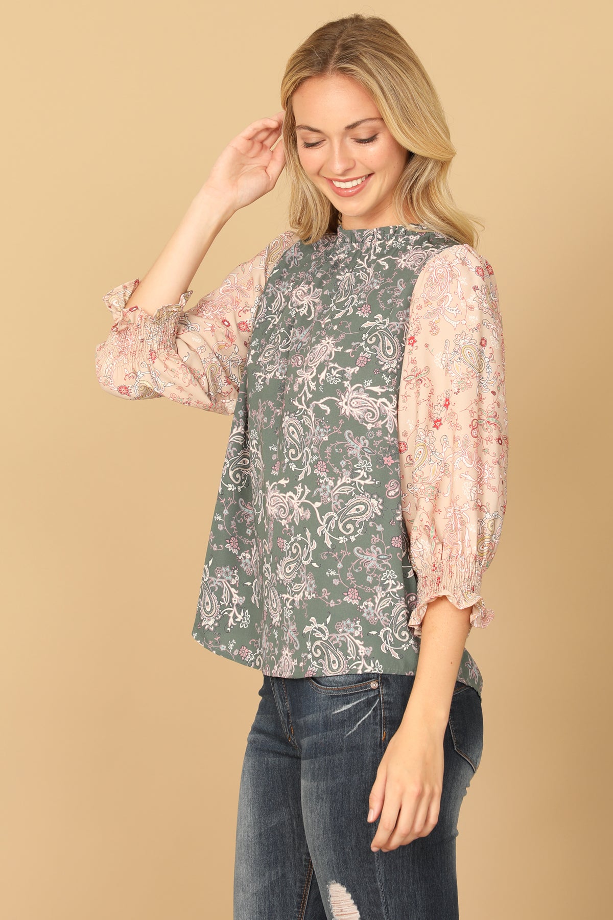 Paisley Smocked Quarter Sleeve Contrast Top