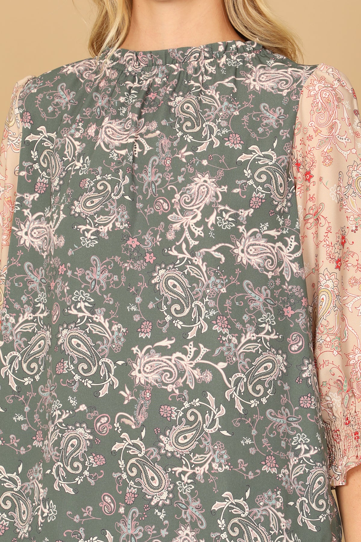 Paisley Smocked Quarter Sleeve Contrast Top