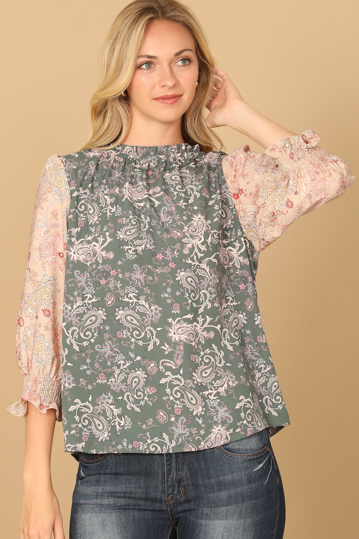 Paisley Smocked Quarter Sleeve Contrast Top