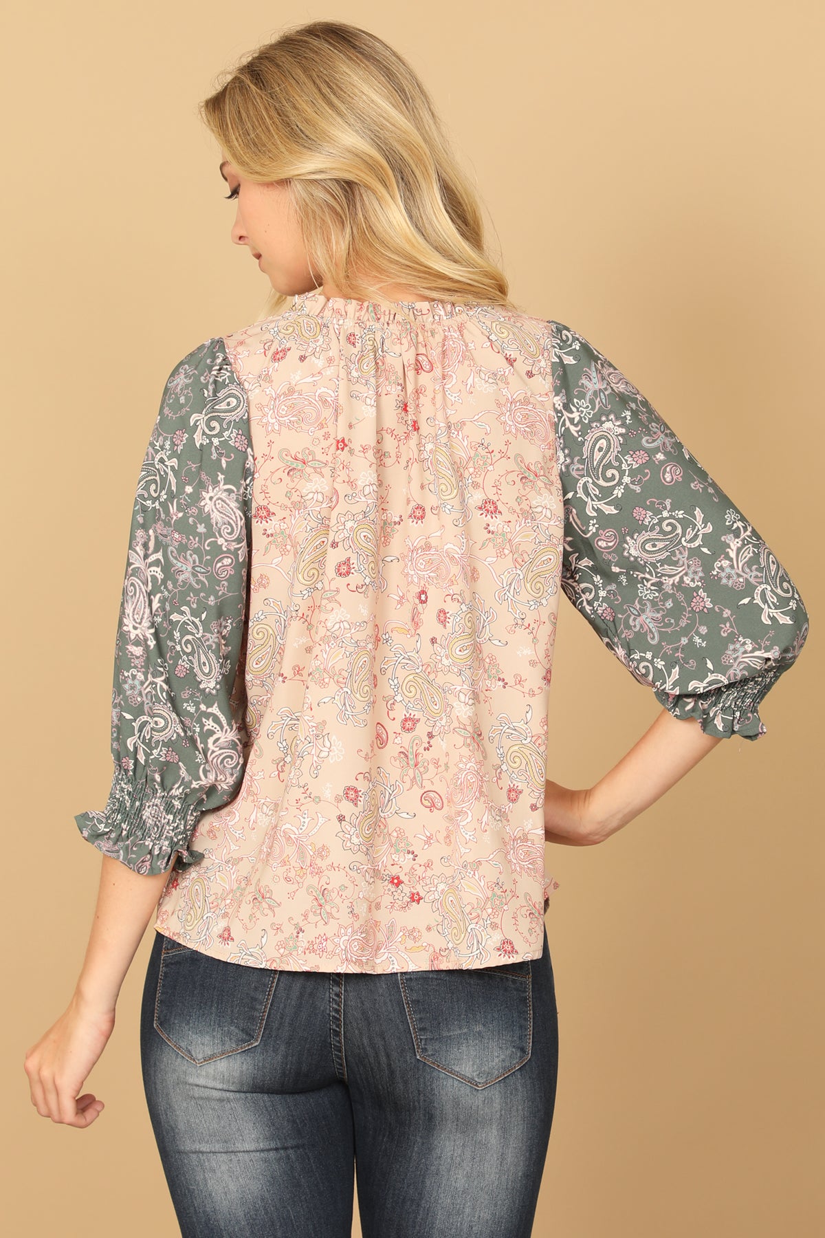 Paisley Smocked Quarter Sleeve Contrast Top