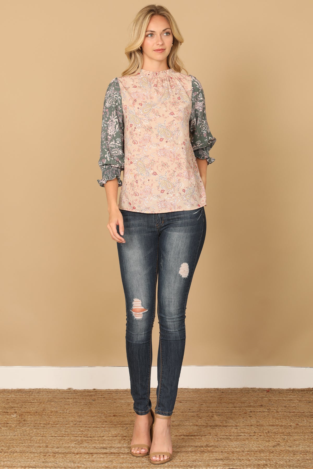 Paisley Smocked Quarter Sleeve Contrast Top