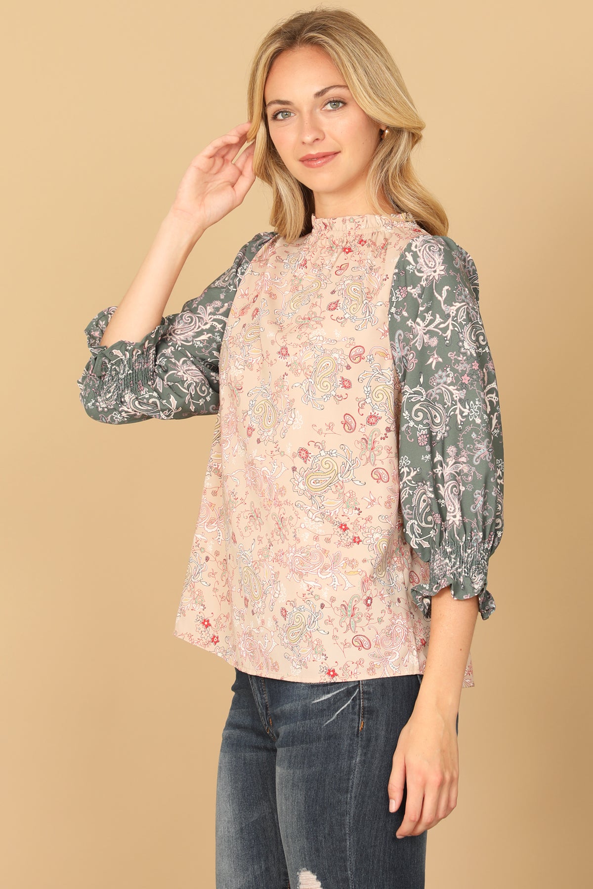 Paisley Smocked Quarter Sleeve Contrast Top