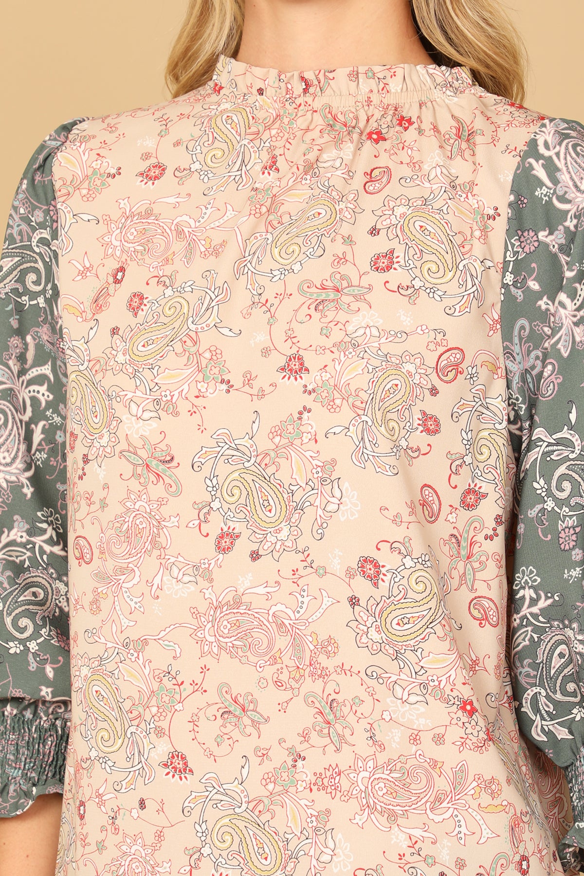 Paisley Smocked Quarter Sleeve Contrast Top