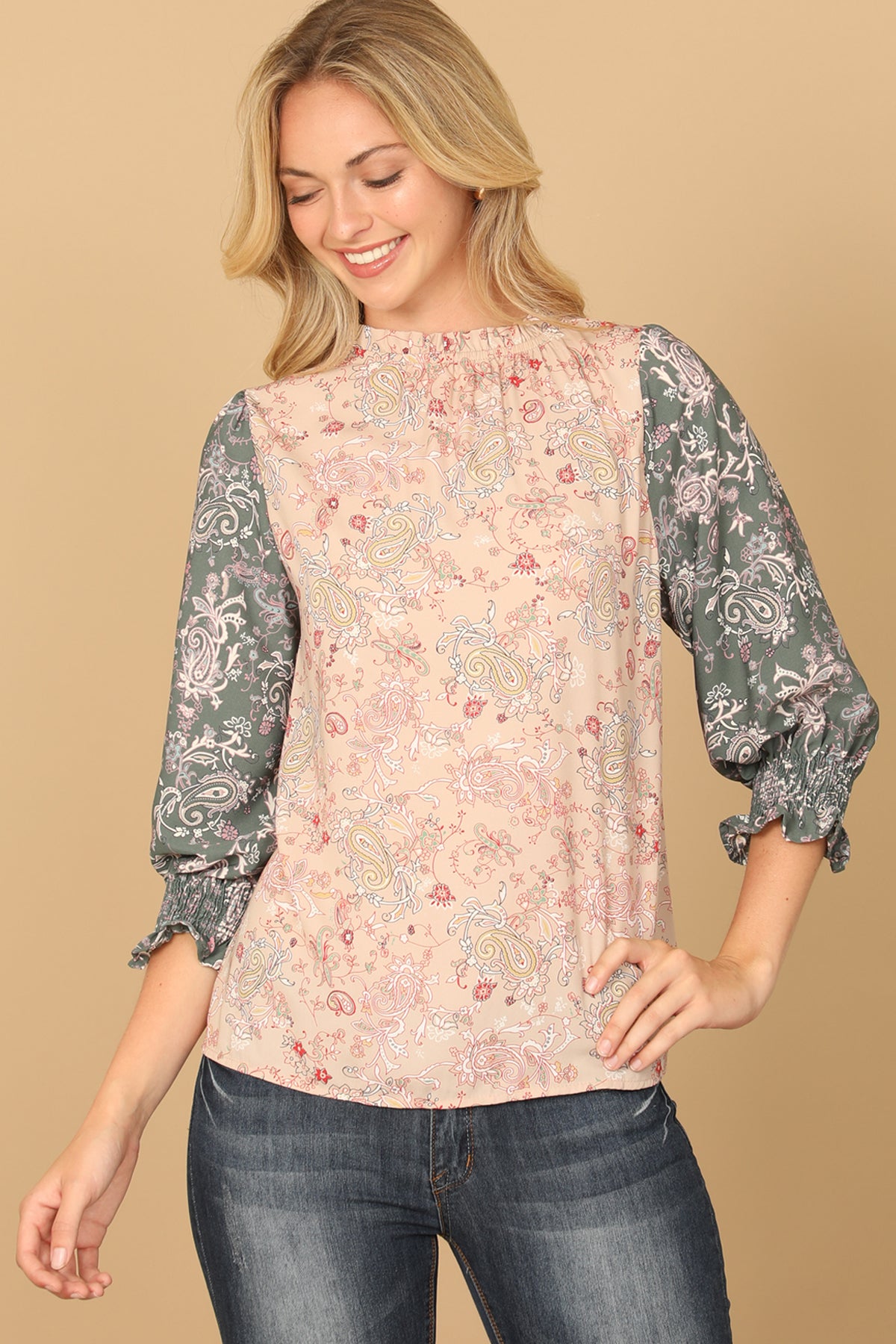 Paisley Smocked Quarter Sleeve Contrast Top