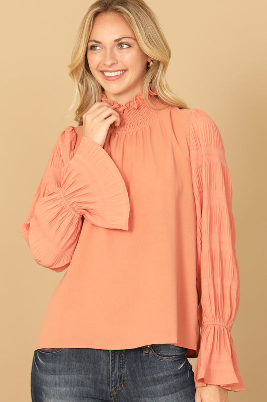 Ruffle Turtle Neck Long Bell Sleeve Solid Top