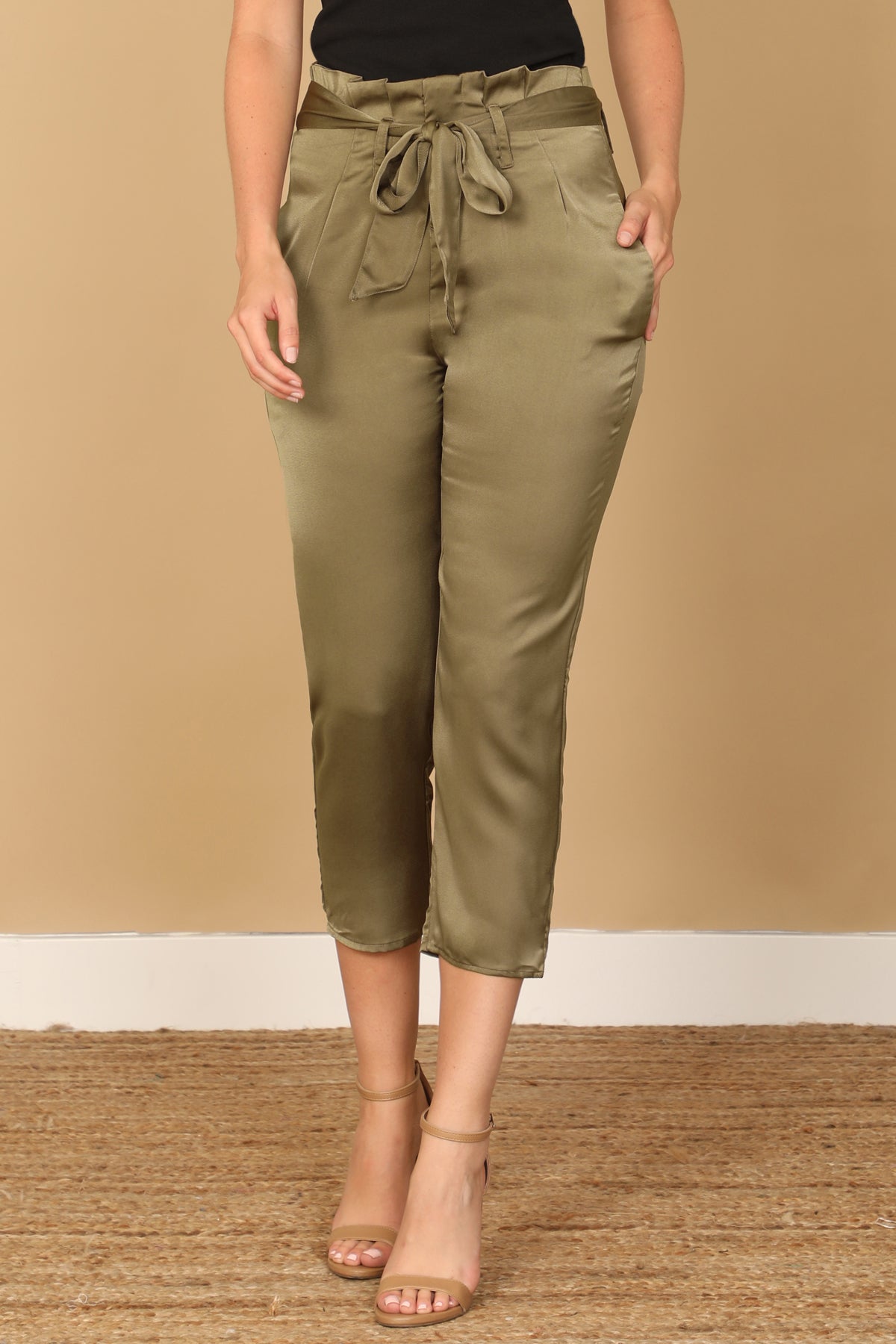 High Waist Paperbag Tie Waist Cropped Satin Pants