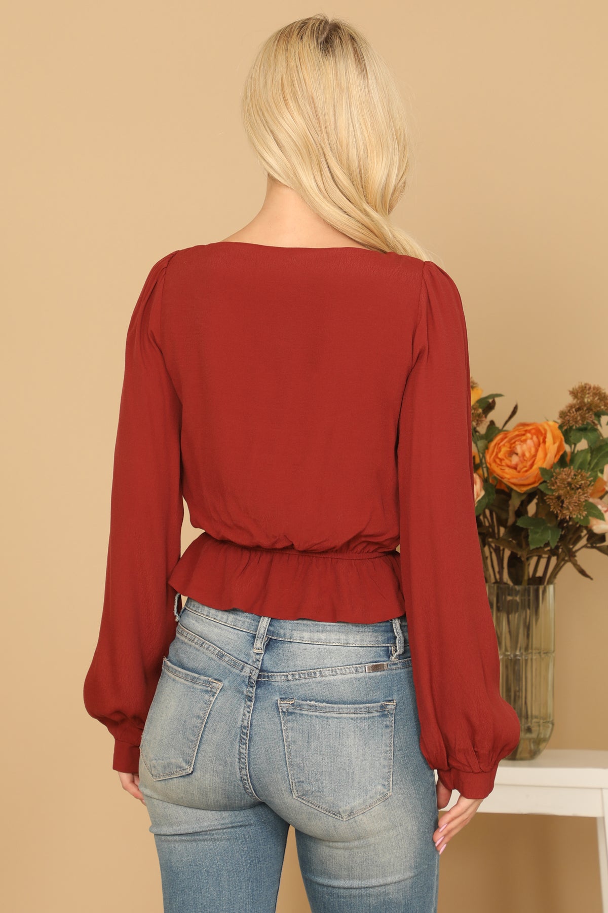 Puff Sleeve Elastic Ruffle Waist Crop Top