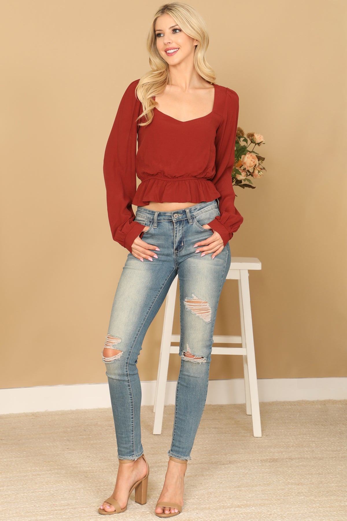 Puff Sleeve Elastic Ruffle Waist Crop Top