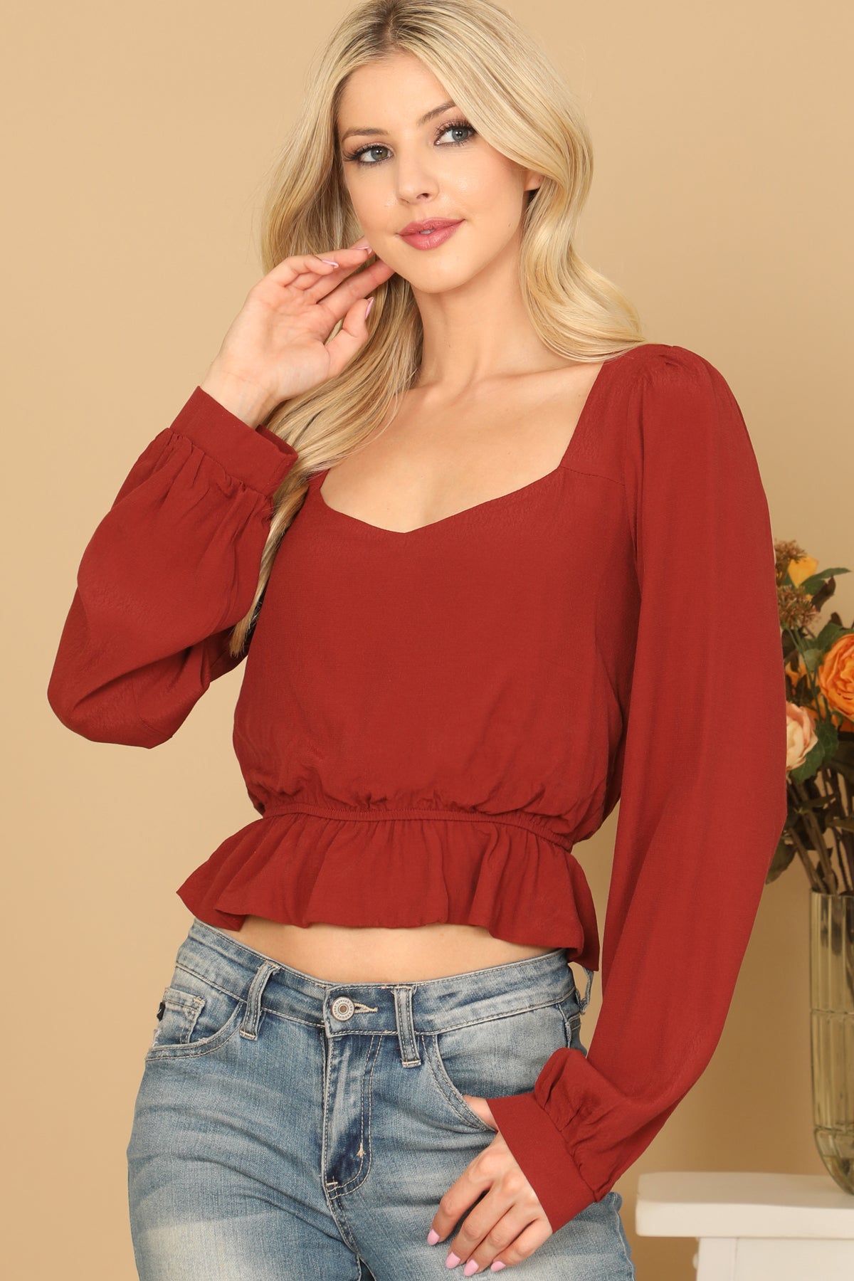 Puff Sleeve Elastic Ruffle Waist Crop Top