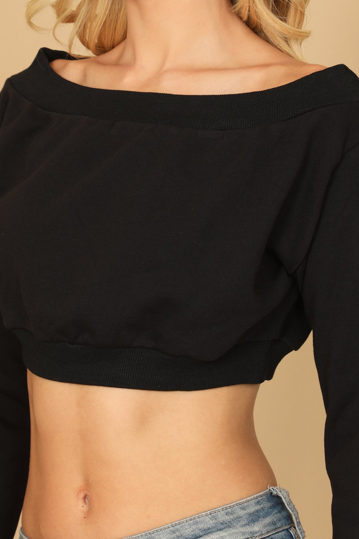 Off Shoulder Long Sleeve Solid Crop Top