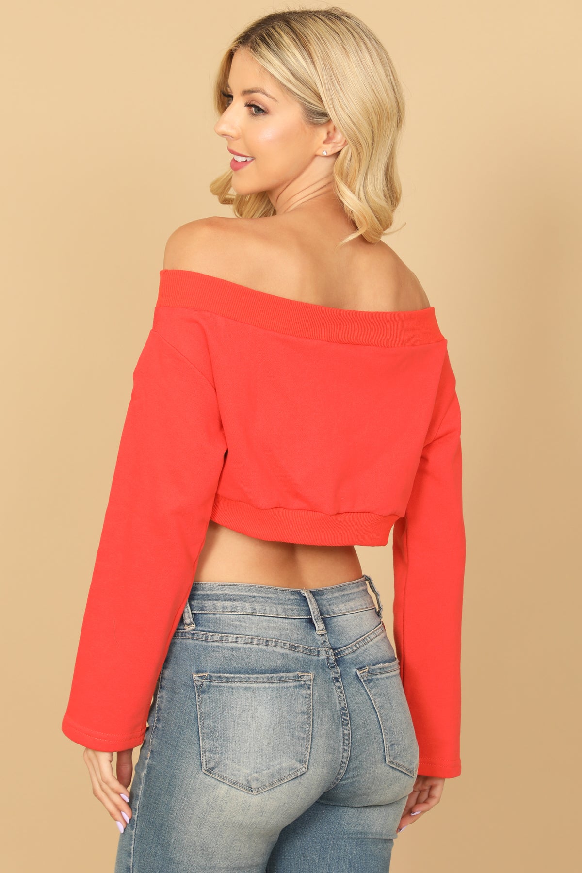 Off Shoulder Long Sleeve Solid Crop Top