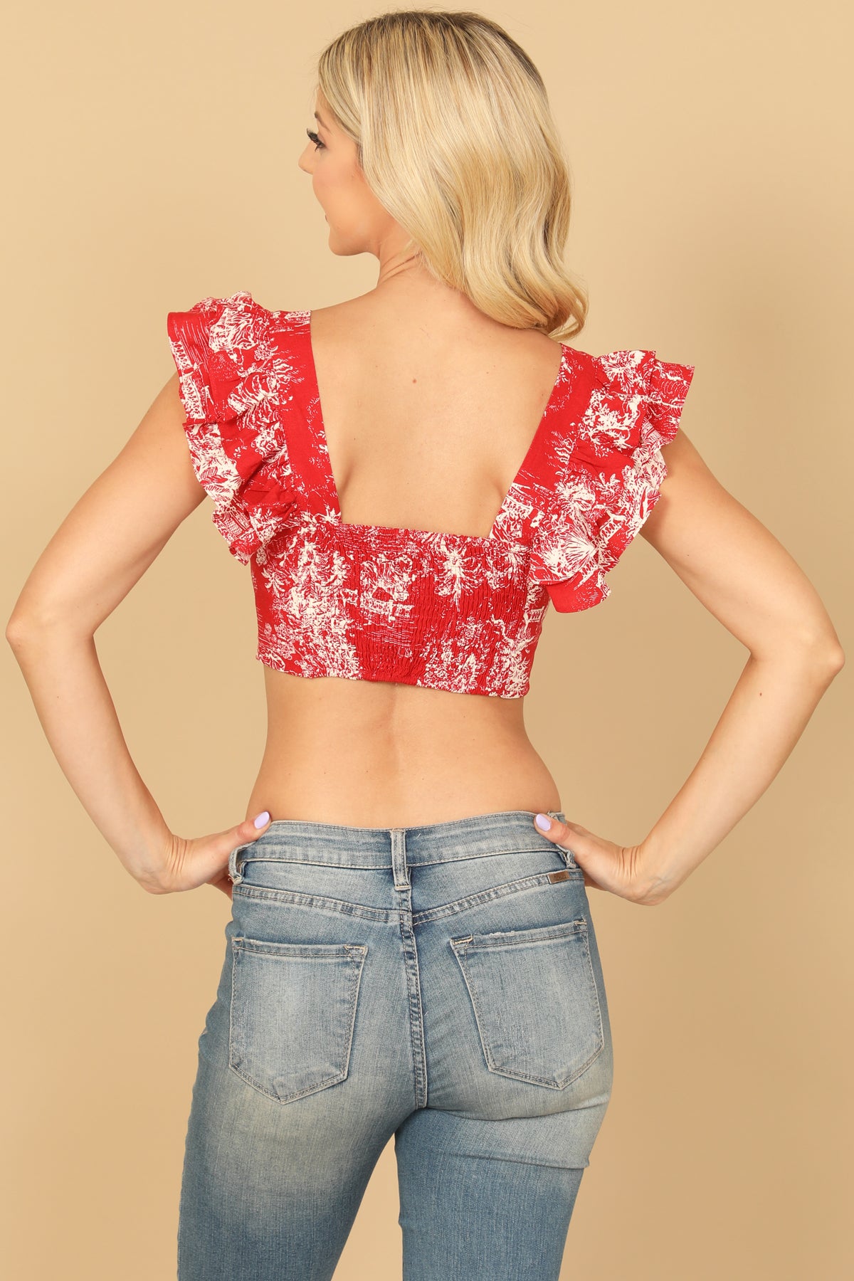 Ruffle Sleeve Button Detail Printed Crop Top