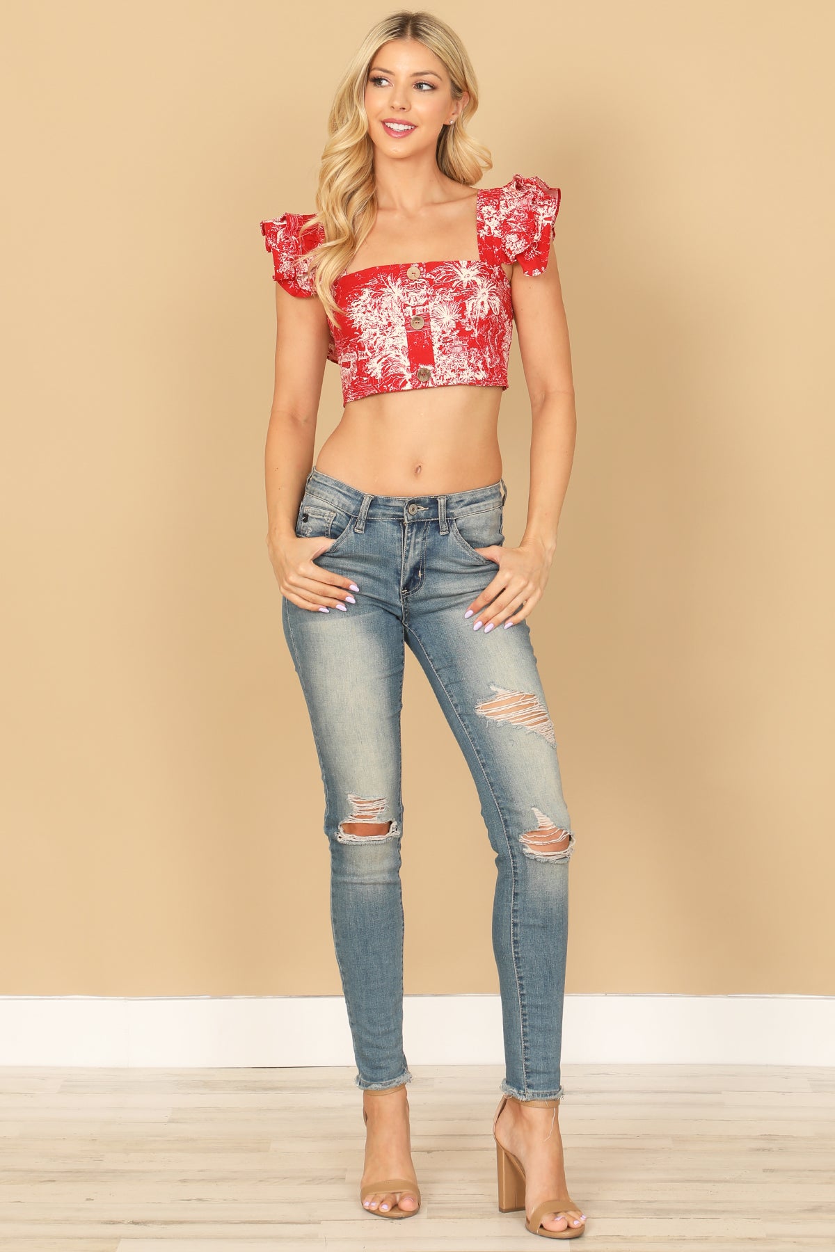 Ruffle Sleeve Button Detail Printed Crop Top
