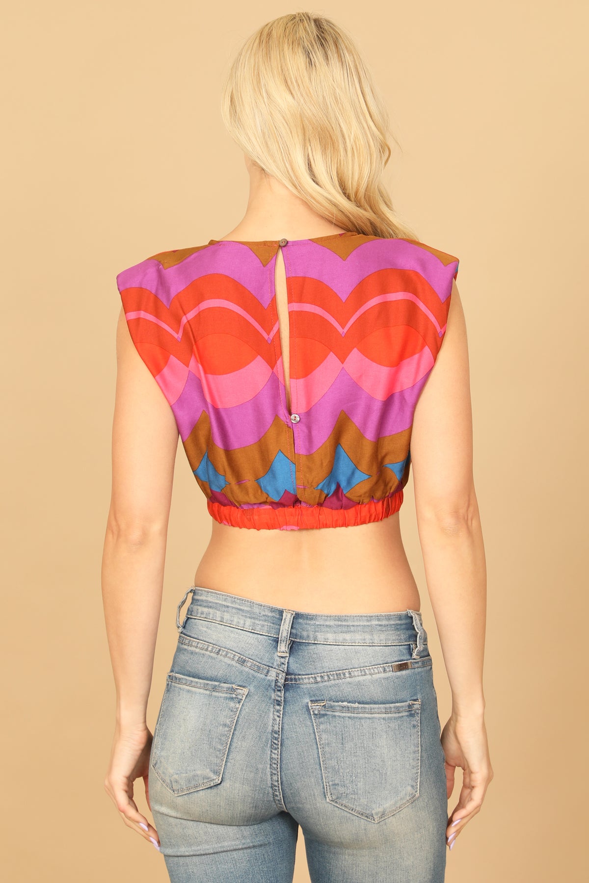 Multicolor Scallop Print Sleeveless Tie Crop Top