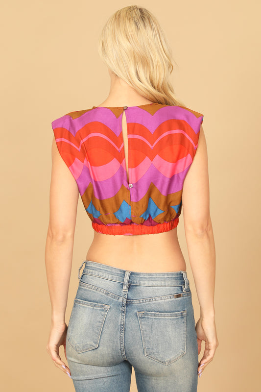 Multicolor Scallop Print Sleeveless Tie Crop Top