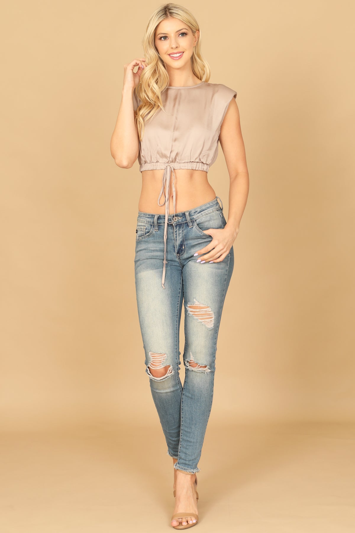Sleeveless Satiny Tie Crop Top