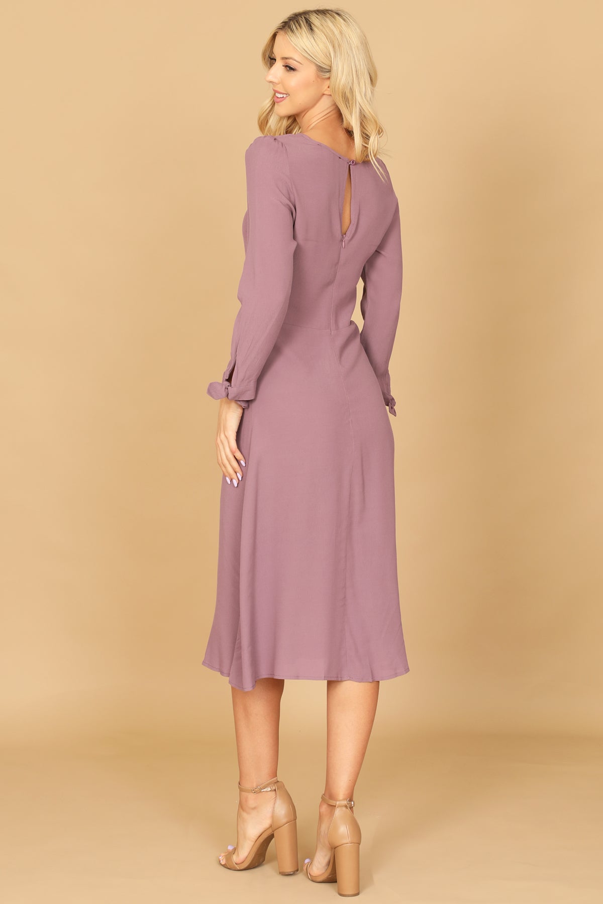 Long Sleeve Tie Cuff A-Line Midi Dress